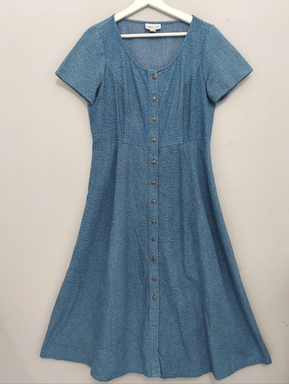 Coldwater Creek Denim Floral Jacquard Button Front Midi Dress 10 Modest Prairie